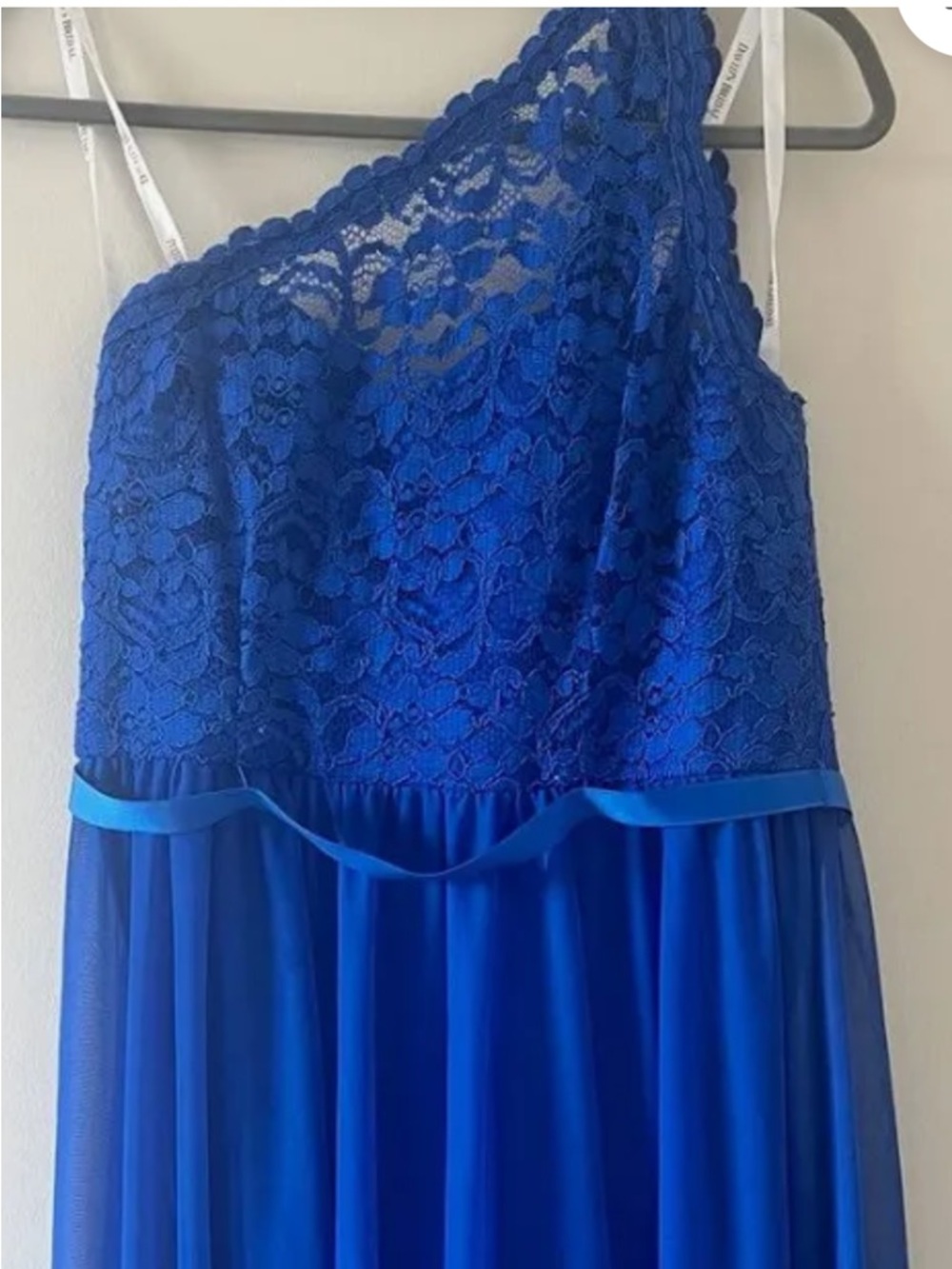 David’s Bridal one Shoulder like new Royal Blue Lace Chiffon Evening Gown SZ 14